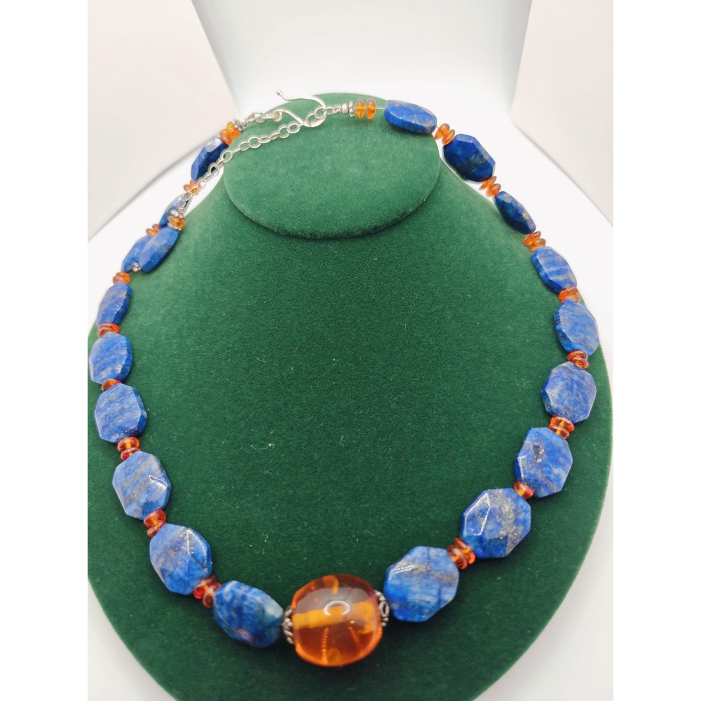 Chunky High-End Sterling Silver, Lapis Lazuli, Baltic Amber‎ Unique Necklace